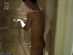 Asian boys with big dicks masturbate and shower together